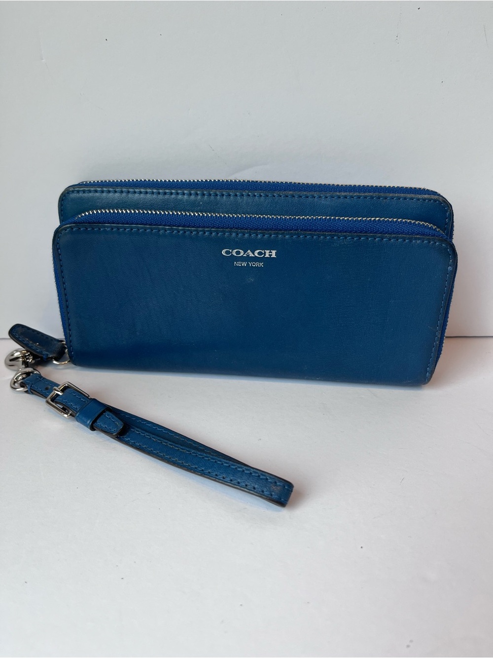 Coach Blue Leather Double Zip Wallet Clutch